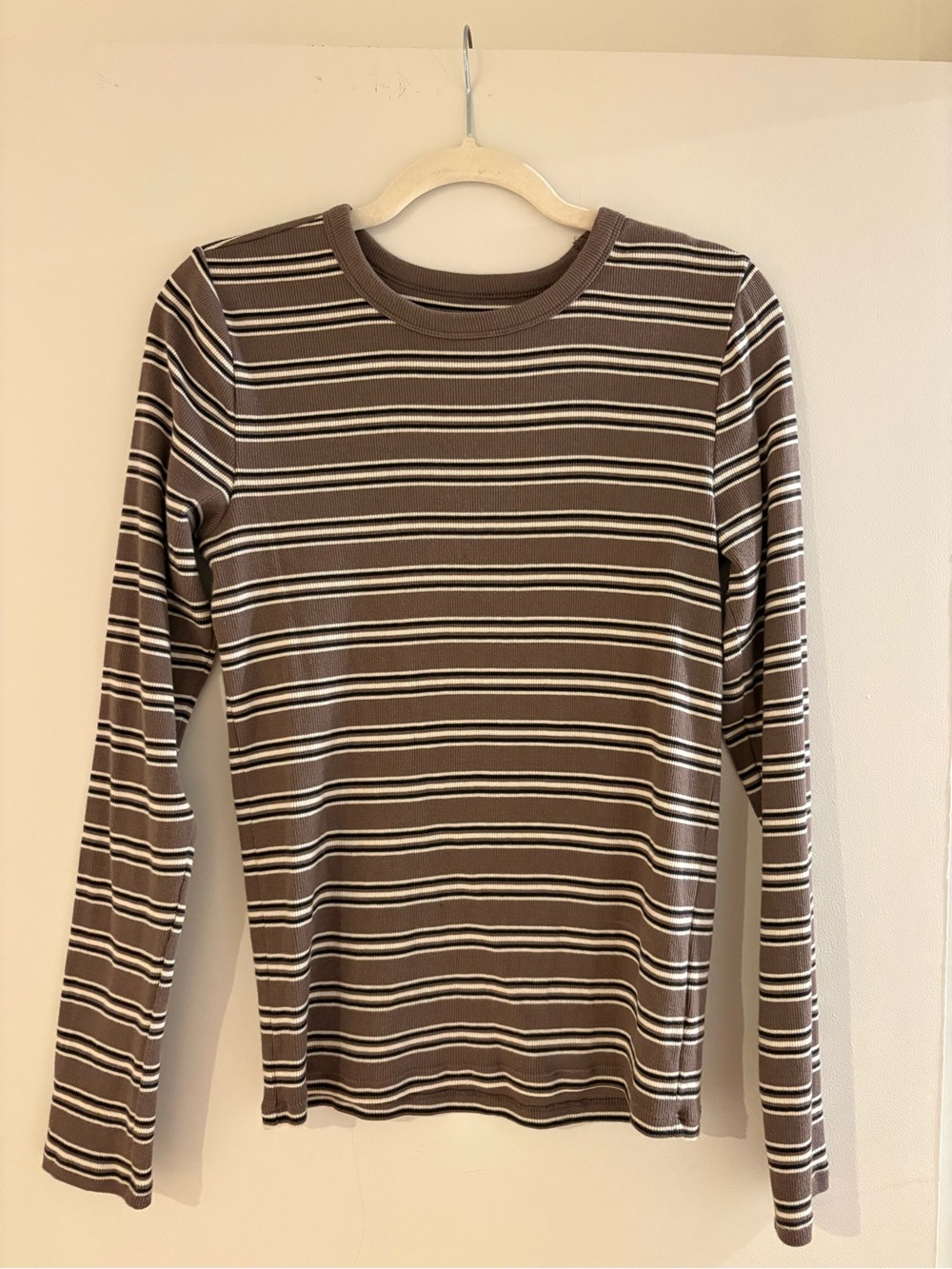 GAP Brown and White Striped Long-Sleeve Crewneck Shirt